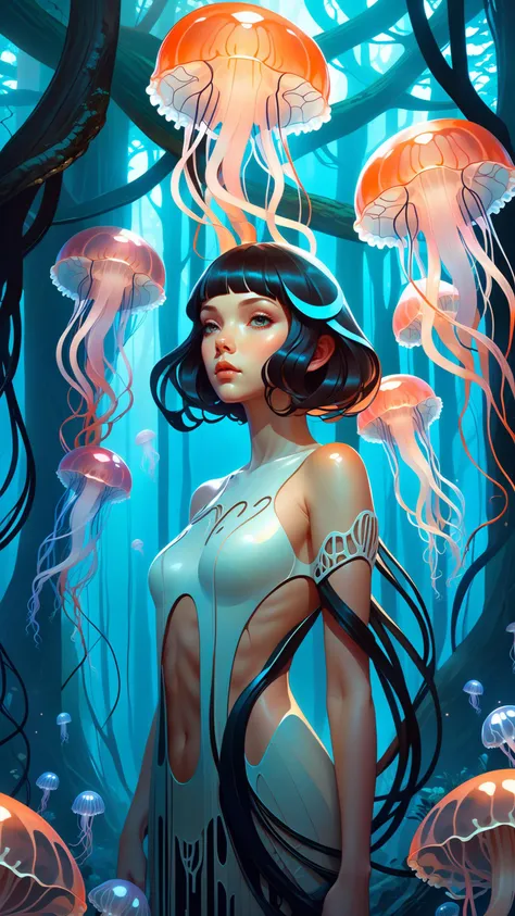 a very beautiful savage symmetric girl with many jellyfish embedded, fantastic forest, fantasy, ghosts, surrounded by roots, portrait, sharp focus, intricate, elegant, digital painting, artstation, matte, highly detailed, concept art, illustration, ambient lighting, art by ilya kuvshinov, artgerm, alphonse mucha, and greg rutkowski, midsonmar