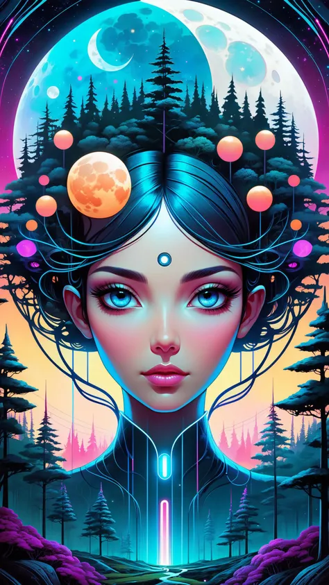 Beautiful woman, Detailed face, Open eyes, Scifi vibes, Otherworldly, Cinematic, Ominous, digital art, moon, forest, beeple and jeremiah ketner, symetrical, realism, over detailed art, intense colors, High contrast, music album art, Mysterious, colorful cartoon, electric mind, 2d cartoon