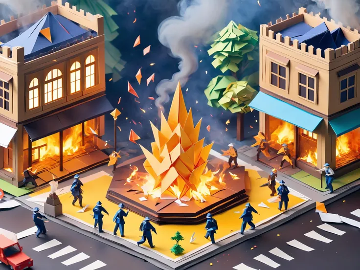 origami style isometric style anime artwork riot, little miniature, paper craft, middle of town square, torn, police everywhere, smoke, townspeople fighting <lora:revAnimated_v122EOL:0.9> <lora:xl-shanbailing-1003fire:0.8> fire element, composed of fire elements . anime style, key visual, vibrant, studio anime, highly detailed . vibrant, beautiful, crisp, detailed, ultra detailed, intricate . paper art, pleated paper, folded, origami art, pleats, cut and fold, centered composition