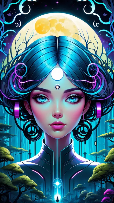 Beautiful woman, Detailed face, Open eyes, Scifi vibes, Otherworldly, Cinematic, Ominous, digital art, moon, forest, beeple and jeremiah ketner, symetrical, realism, over detailed art, intense colors, High contrast, music album art, Mysterious, colorful cartoon, electric mind, 2d cartoon