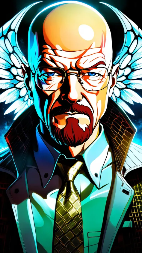 photo of Walter white, (art by Tom Everhart:0.45), Anxious slight Golden Age Walter White, ((Walter white serious grim face)), photorealistic, Politician, Ginger beard, Watch, Robotic Body Parts, Sketch, Screaming, Realism, volumetric lighting, CMYK Colors, virtual, disintegration, wireframe, rgb, translucent, transparent, reflection, ultra detailed anime, high res anime, high quality, (anime style), angel wings, Cthulhu, biomechanical, biomachines, ((hnsrdlf style)), detailed reflections, dark atmosphere, gothic art, futuristic, realistic blood, realistic reflections, RTX graphic, HDR, ultra detailed, real blood, detailed sky, nightmare