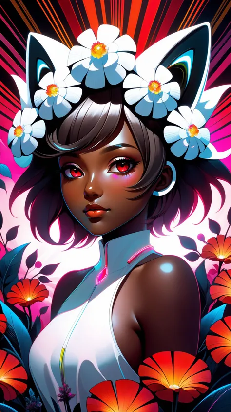(abstract art:1.2), fractal art, psychedelic art, (style of Fedir Manailo:1.18), white theme, dark theme, 1girl, flowers, animal ear fluff, (neon color), hyper fusion, cyber, headdress, cheerful expression, dark red accent, masterpiece, best quality, ultra high res, award-winning art, highly detailed, beautiful aesthetic, ethereal, atmosphere, (fisheye lens:1.18), (dark skin, dark-skinned female), emotional, looking at viewer, jealous, (thoughtful:1.2), (heat haze), (shimmer lines:1.3), deep aesthetic, curious, (pov:1.35)