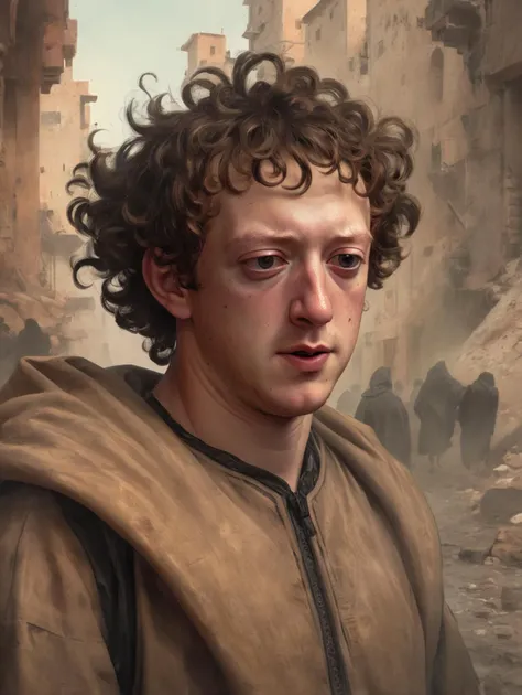 by raphael, caravaggio, greg rutkowski, beeple, beksinski and giger, concept art, Tired beefy Catalan (Mark Zuckerberg:1.1) Frolicking, Tilted head, his hair is Trendy, beautiful, Hazy conditions, split diopter, UHD, layered textures, trending on artstation, hyperdetailed, <lora:ArgazXL:0.8> argazxl, traditional outfit