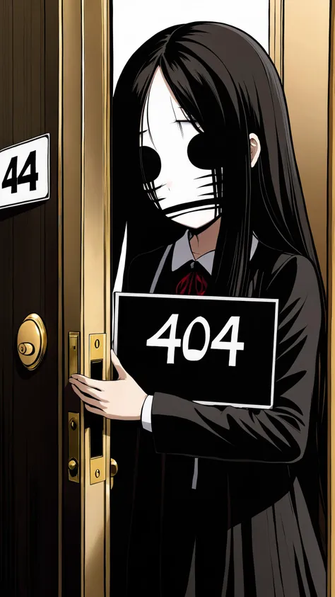 hotel door, masterpiece, 24k, 1girl (peeking at the door while handing out a sign with a text 404), hands, terror, gloomy, dark, blank face, no face, English text, long hair, 404 text, black eyes!!, tears flowing out of eyes!!, despair look on face, sore eyes
