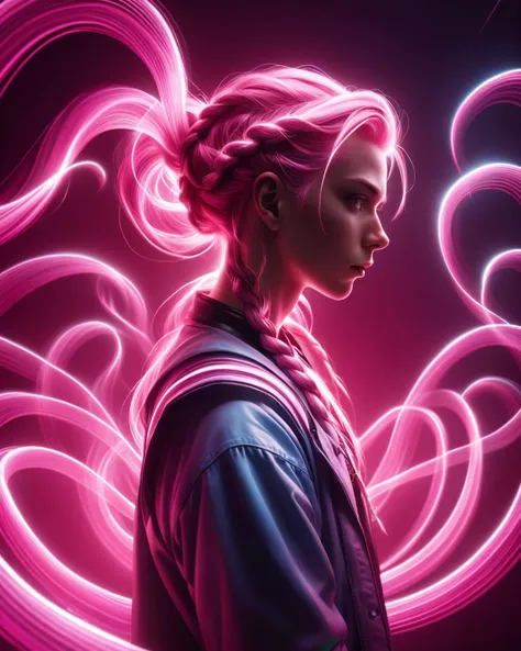 masterpiece, best quality, long exposure, light painting, Synthwave, <lora:ral-exposure-sdxl:1> ral-exposure, highly detailed, modelshoot style shot of a (Man:1.2) , highborn, ð¤©, Feminine Pose, Pink hair styled as Braids, high contrast art, (detailed art by Martin Ansin:1.3) , Afrofuturism, Ethereal Lighting, 50mm, wallpaper