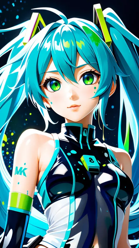 dark blue with green shades, splatter of green and blue, masterpiece, best quality, vivid colors, 35mm film, 8k uhd, hdr, realistic, intricately detailed eyes, splashy splash, detailed hair, intricate details in hair, Hatsune Miku, extremely detailed, navel, make the whole body visible