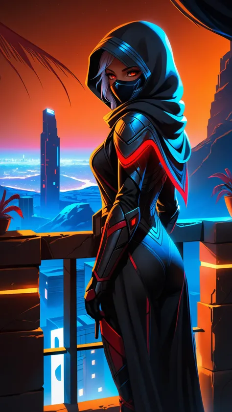concept art of Hooded character that looks like a desert dweller but her clothes are of purest bright white, her eyes leave a bright red neon light trail as the wind passes, with a subtle smile, highest quality textures, digital illustration, looking at the city from a balcony at night like a game scene, cinematographic composition, 8k, epic hues and mist, thick ink outlines and smooth brush style, white assassin clothes, realistic photography, raw photo, hdr, detailed texture, highest definition and sharpness image, realistic colors, The vibrant colors and striking contrast are masterfully captured, made in unreal engine, dynamic lighting, jungle ruins, guarding the darkness and dust, glowing amber eyes, dynamic pose, looking at viewer, drath, ancient black onyx magitech bastet powersuit