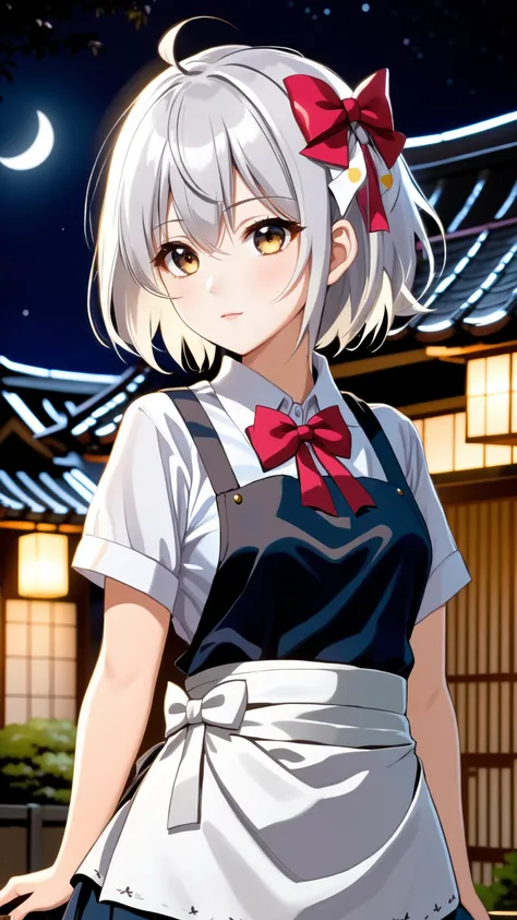 1girl, platinum hair, short hair, messy hair, bow-shaped hair, bangs, beautiful shirt short-sleeved shirt waist apron, japanese highland nighttime, wide shot