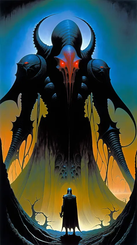 zdzislaw beksinski, a mind flayer, monster, alien, (colored skin), (armor), looking at viewer, in the shadows of a nightmare world, their eyes glowing with malevolence