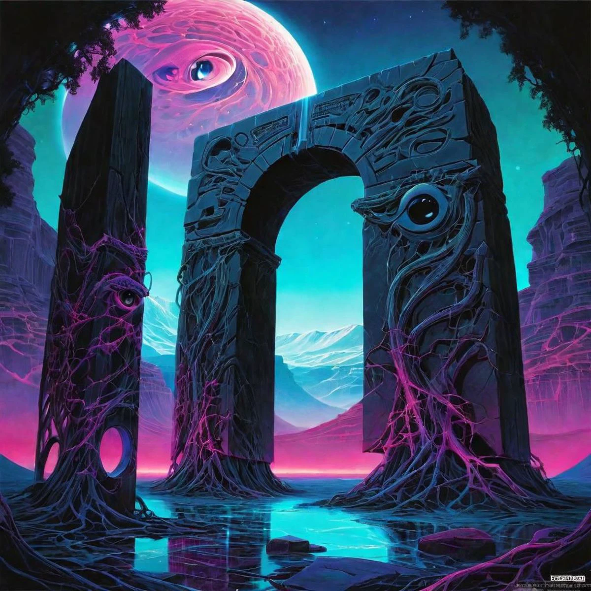 Super high definition, reflective pools, HDR, Dark vaporwave color palette, eclipse, glowing archway, huge twisting vines, aerial view of rolling hills in bizarre alien landscape, fibonacci, Enki, annunaki, monolith, megaliths with eyes, ufo, dna, cosmic serpent, vaporwave tiled liminal space, iris, pixel art