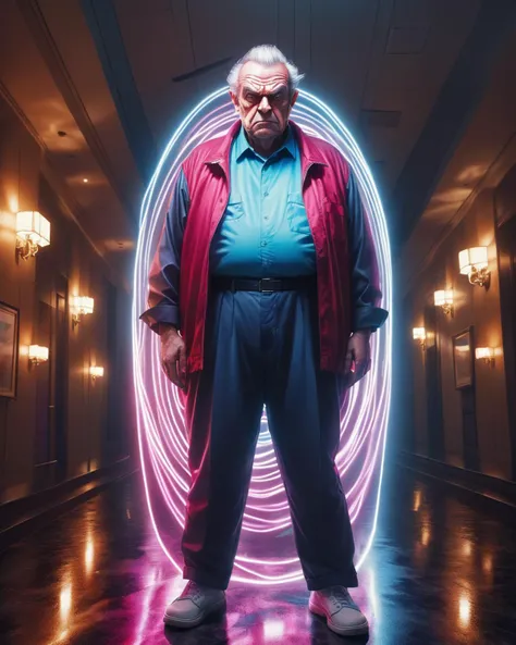 masterpiece, best quality, long exposure, light painting, Synthwave, <lora:ral-exposure-sdxl:1> ral-exposure, masterpiece, Gutai Group, Grumpy Man, wearing Low-waisted pants, Arcadian Large Head, inside a Hotel