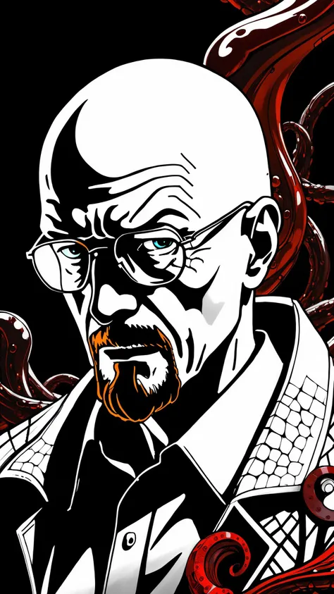 photo of Walter white, (art by Tom Everhart:0.45), Anxious slight Golden Age Walter White, ((Walter white serious grim face)), photorealistic, Politician, Ginger beard, Watch, Robotic Body Parts, Sketch, Screaming, Realism, volumetric lighting, CMYK Colors, virtual, disintegration, wireframe, rgb, translucent, transparent, reflection, ultra detailed anime, high res anime, high quality, (anime style), angel wings, Cthulhu, biomechanical, biomachines, ((hnsrdlf style)), detailed reflections, dark atmosphere, gothic art, futuristic, realistic blood, realistic reflections, RTX graphic, HDR, ultra detailed, real blood, detailed sky, nightmare