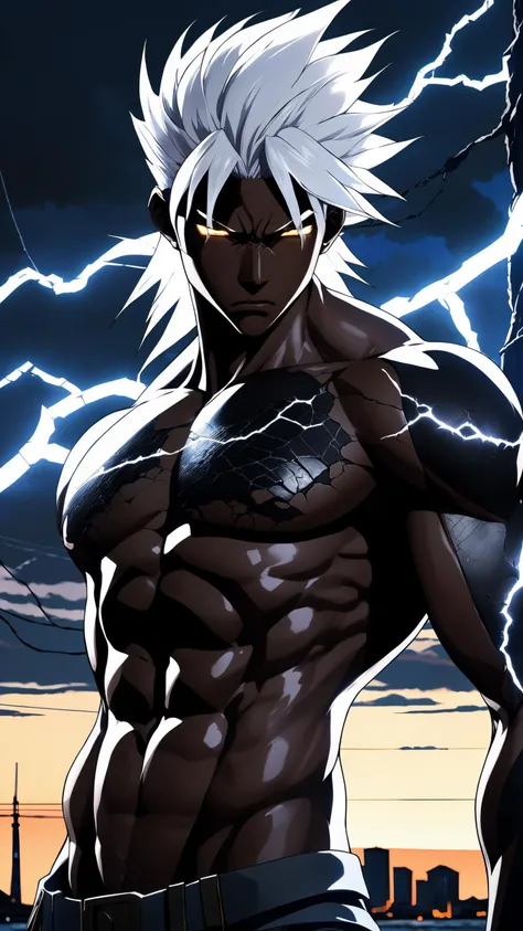 black humanoid made of rock, upper body, barechested, male, ((masterpiece, best quality)), <lora:more_details:0.3>, cracked skin, white electricity coming through cracks, muscular male, (dragonborn:0.6), white hair
outdoors, detailed background, depth of field, full scorpion pose