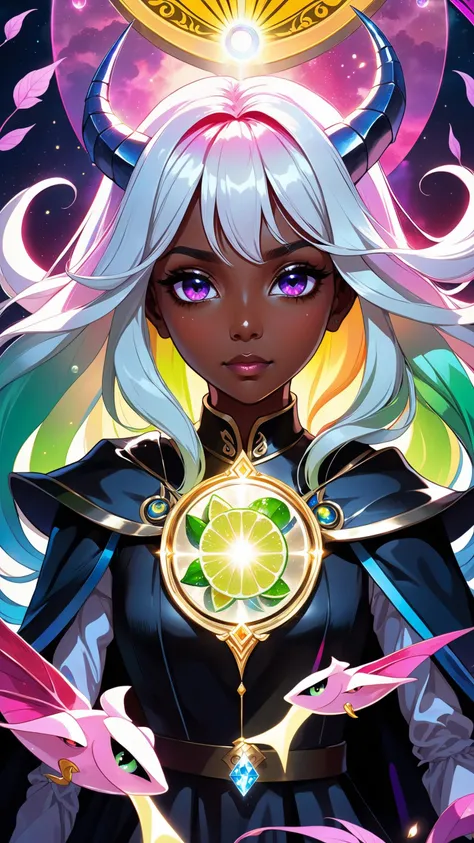 (Highest picture quality), (Master's work), (ultra-detailed), (Detailed eye description:1.1), (lens flare:1.1), (movie poster:1.1), (Tarot border:1.1), the portrait is centered, (close-up:1.1), (negative space:0.8), (chaos aura:1.2), (solo), 1girl, cute girl, (floating colorful water magic:1.1), (many colorful vines), (floating pink blades:1.1), (water wings:1.0), (dappled sunlight, light rays,caustics:1.2), (colorful:1.1), (beautiful detailed glow:1.1), (leaning back:1.2), (grim expression:1.1), (small:1.1), (closed mouth:1.0), (eyeshadow), (lime hair:1.4), (long white hair:1.1), witch hat, (facing viewer:1.3), (halo:1.3), (head tilt:1.1), (dynamic pose:1.1), (asymmetrical hair:1.2), (blue armor:1.1), (military), (layered skirt), (black eyes:1.4), blunt bangs, high twin tails, long coat, (floating cape:1.1), (succubus horns, demon horns:1.1), (castle:1.4), (outdoors,outside:1.1), hair bow, (flying:1.1), (dark skin:1.1), (upper body:1.2), symbol-shaped pupils, detailed rainbow pupils