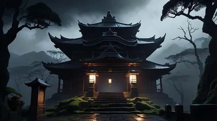 ASCII /1/ top quality, masterpiece, best quality, extreme quality, 8k wallpaper, (extremely detailed:1.2), dim lighting, long shadows, eerie fog, flickering lanterns, muted colors, unsettling atmosphere,
/2/ close-up distance, low angle, slightly tilted view, minimal distortion, dramatic composition,
/3/ ominous temple, crumbling stone steps, haunting presence, sense of foreboding, ancient secrets,
/4/ dark color palette, intricate carvings, traditional architecture, surreal elements, ghostly ambiance,
/5/ overgrown moss, twisted branches, distant whispers, scattered leaves, dimly lit pathways,
/6/ rugged mountain backdrop, swirling clouds, heavy mist, twilight hour, chilling silence,
/7/ dark fantasy, atmospheric illustrations, evocative style, traditional Japanese aesthetics, haunting design,