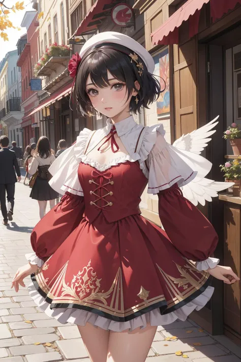 1girl, awardwinning Photograph, concept art, body shot of a ("Not all who wander are lost.":1.3) , it is very kinetic art and Atmospheric, from inside of a [1700'S:Cruel:7] Vienna, crowded street with Leaf, at Overcast, tilt shift, (vibrant art stylized by Emerson Silva:1.1) , (Kylli Sparre:1.1) , (LeRoy Neiman:1.2) , Classical, Flustered, monotype, Rembrandt lighting, bokeh, Phase One XF IQ4 150MP, macro lens, Hypersaturated, Burgundy details, moody, "The fragrance of liberation, a scent of emancipation, breaking free from the chains that bind and soaring to new heights.", award winning, dslr