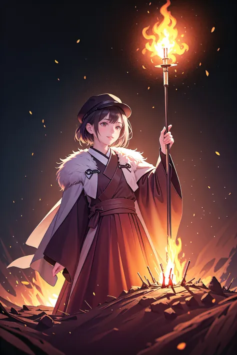 1girl,
HDR, UHD, 8K, Highly detailed, ultra-fine painting, extreme detail description, Professional, cinematic, cinematic_lighting, reality_ray_tracing, solo, cape, smile, kikumon, brown eyes, sandogasa, pom pom \(clothes\), fire, alternate costume, weapon, multiple weapons, long skirt, sword, wakizashi, hat, butterfly net, kariginu, skirt, pyrokinesis, brown hair, embers, candle, earmuffs, hand net, shakujou, tate eboshi, ritual baton, japanese clothes, short hair,
best quality, masterpiece, highres, absurdres
<lora:PAseer-SD15-LCM Quick:1>