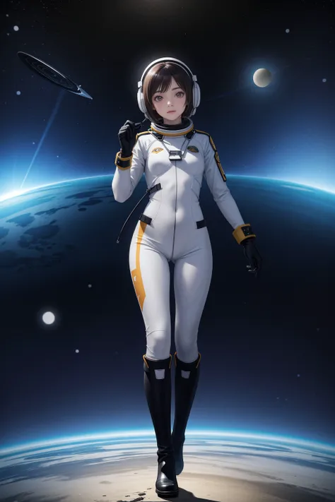 1girl, 
HDR, UHD, 8K, Highly detailed, ultra-fine painting, extreme detail description, Professional, cinematic, cinematic_lighting, reality_ray_tracing, solo, wrist computer, bodysuit, black gloves, broken, boots, astronaut, full body, indoors, hand up, looking at viewer, closed mouth, pilot, black footwear, spacesuit, nasa, planet, orange bodysuit, orange eyes, realistic, gloves, helmet, brown hair, nose, space, spacecraft interior, science fiction, cable, short hair, knee boots, 
best quality, masterpiece, highres, absurdres
 <lora:PAseer-SD15-LCM Quick:1>