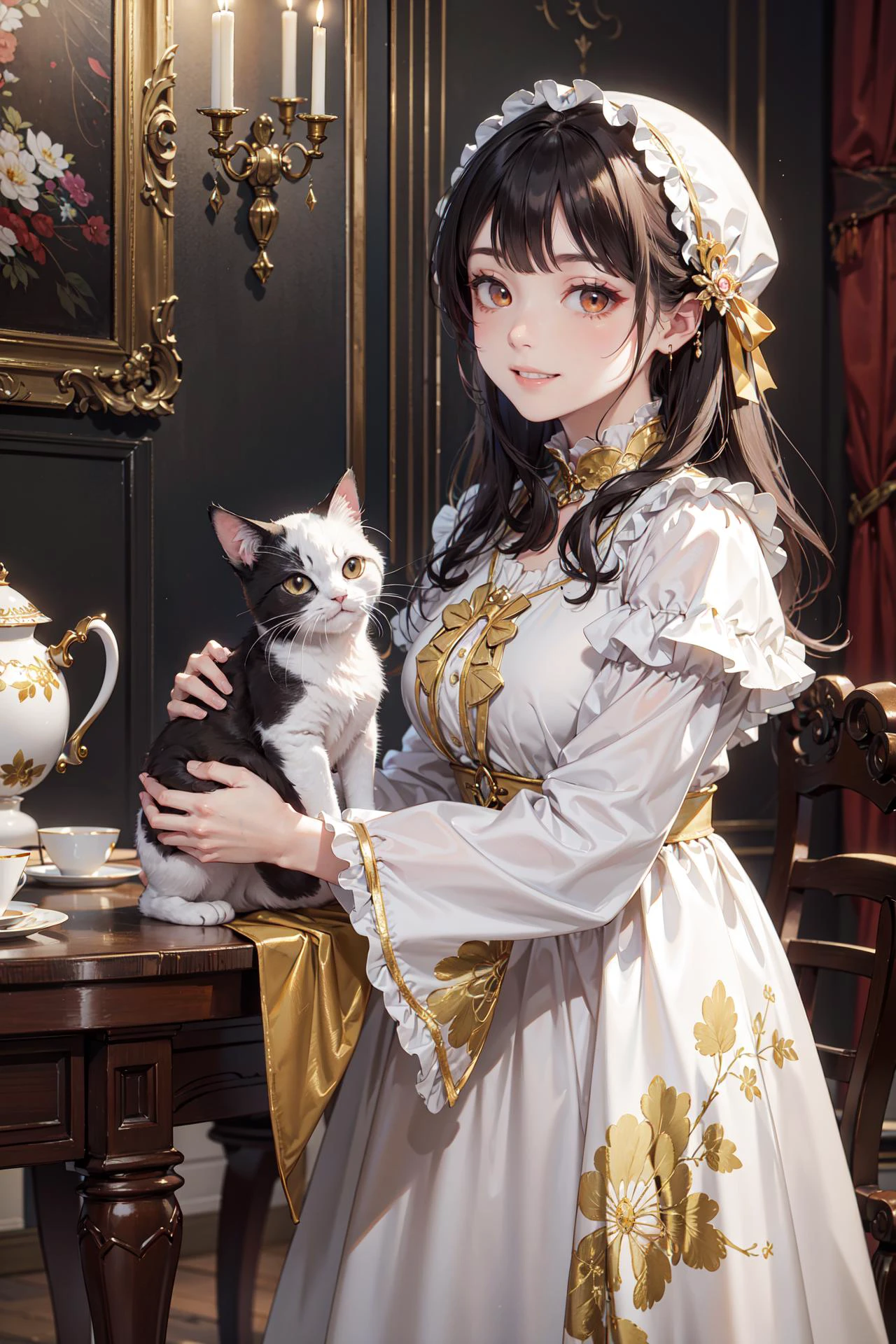((best quality, masterpiece, absurbres, super-resolution)) Rag doll cat, luxury, cat room, (black and gold) Aristocrat, porcelainware ,
