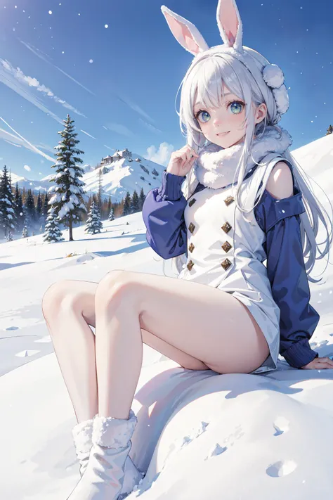 ((best quality, masterpiece, absurbres, super-resolution)) 1 girl, snow bunny, chilling, playing with snow, thick snow, crystal snow, snow field