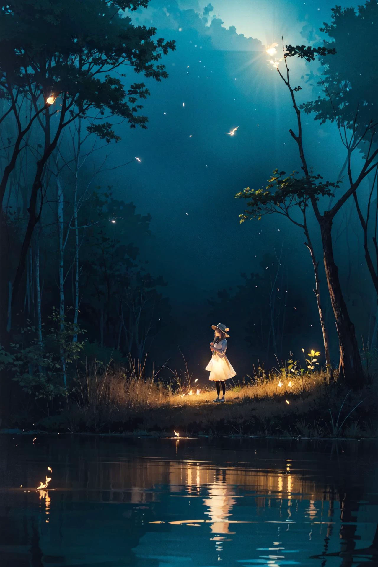 ((best quality, masterpiece, absurbres, super-resolution)), silhouette of a 1girl, fireflies in nature, glowing fireflies, enchanted lake, night time,
