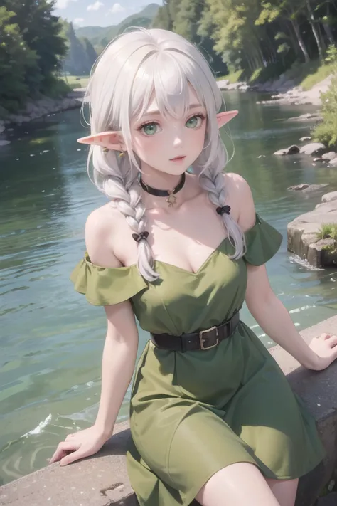 1girl, elf, elf ears, white hair, green eyes, bangs, neckline, double braids, jewelry pin, olive skin
belt, green dress:1.2, 
from above, (side view:0.5),
near the river, river, shore,