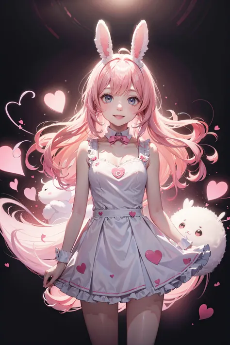 ((best quality, masterpiece, absurbres, super-resolution)) 1girl, (Pink bunny \(animal\)), spirits, (white and pink theme), (hearts \(shape\)), cinematic lighting, high key lighting,