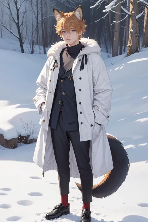 ((best quality, masterpiece, absurbres, super-resolution)),
1boy,muscular,fluffy fox ears,
short hair,orange hair,hair between eyes,freckles,eyelashes,collar,blue eyes,smile,
outdoors,winter,snow,sundays,fluffy white raincoat,
Tartaglia\(genshin impact\),<lora:Tartaglia:0.8>,
Animal ear,(Fantasy world style:1.1),(Animal ear:1.1),fox,tail,downy,fullbody,animal,