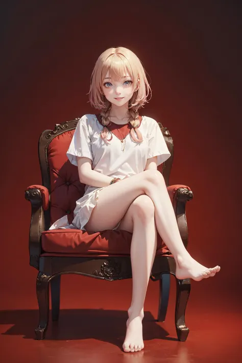 ((best quality, masterpiece, absurbres, super-resolution)), 1girl, sitting in the corner, crossed legs, (light hazel hair), (gradient hair), (deep red room), (high saturation:1)