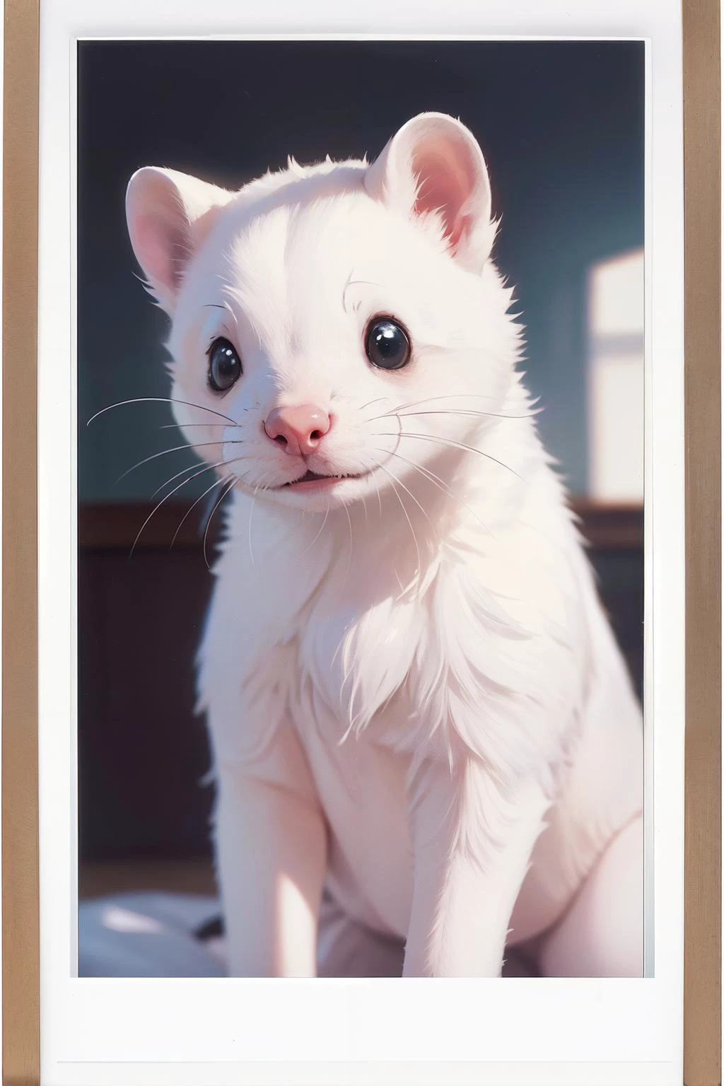 (masterpiece, best quality, hires, high resolution:1.2),
1animal,polar ferret,animal focus,cute,polaroid photo,