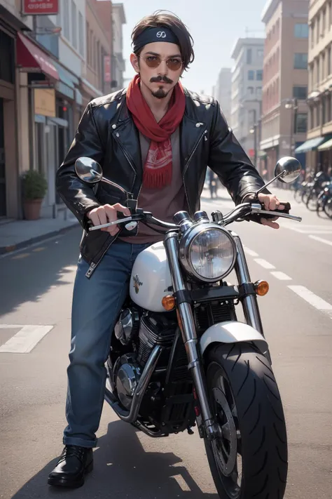 (masterpiece, best quality, hires, high resolution:1.2),1boy,mature,mustache,goatee,sunglasses,bandana,biker sitting on a motorcycle,street,