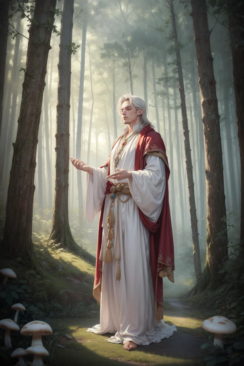 ((best quality, masterpiece, absurbres, super-resolution)),
illustration, cartoon, soothing tones, calm colors, In a mystical forest bathed in ethereal moonlight,a captivating male figure with flowing white hair stands amidst glowing mushrooms that illuminate his path. Dressed in elegant attire adorned with intricate mushroom patterns,he exudes an aura of enchantment. The scene is captured with a dreamlike quality,soft focus,and vibrant colors,<lora:add_detail:0.7>,