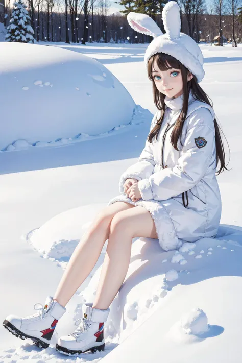 ((best quality, masterpiece, absurbres, super-resolution)) 1 girl, snow bunny, chilling, playing with snow, thick snow, crystal snow, snow field