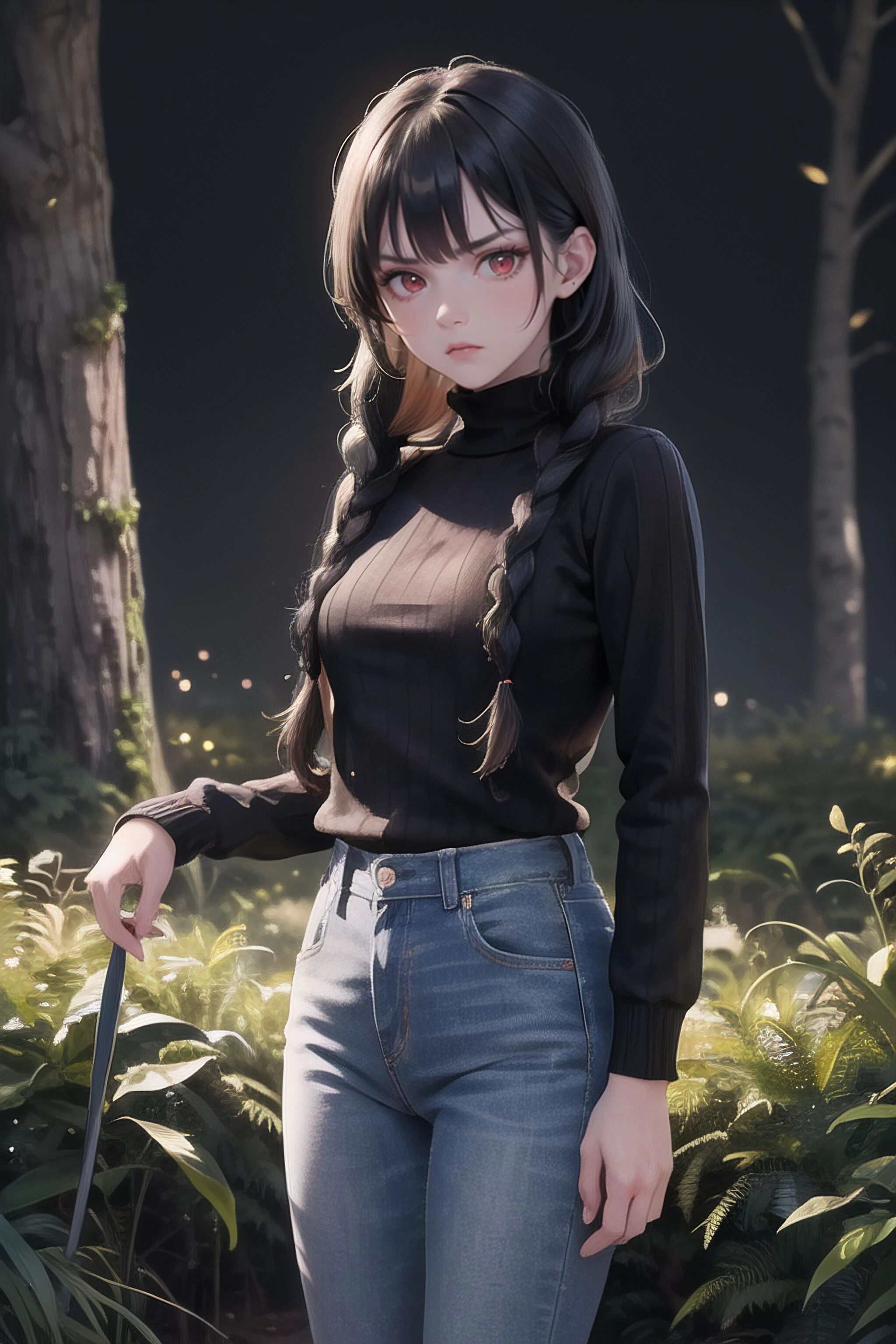 1 girl, red eyes, black hair, long hair, long braids, angry face:1.2,
black sweater:1.5, tight sweater:1.6, denim pants,
ultra detailed face, 9k, hdr, ((best quality, masterpiece, absurbres, super-resolution)) vivid colors,
night forest:1.5, low light, night,