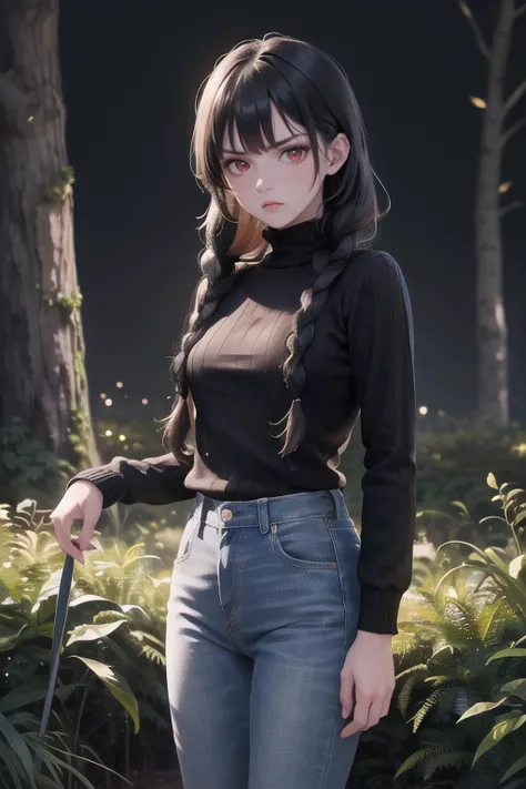 1 girl, red eyes, black hair, long hair, long braids, angry face:1.2,
black  sweater:1.5, tight  sweater:1.6, denim pants,
ultra detailed face, 9k, hdr, ((best quality, masterpiece, absurbres, super-resolution)) vivid colors,
night forest:1.5, low light, night,