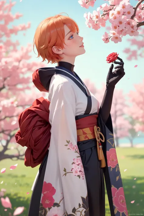 ((best quality, masterpiece, absurbres, super-resolution)),
wide angle,tartaglia_\(genshin_impact\),
(1girl:1.1),orange hair,freckles,eyelashes,short hair,blue eyes,smile,black_gloves,japanese clothes,floral print,kimono,haori,wide sleeves,long sleeves,print kimono,red kimono,hakama,
grass,roses,petals,tree,from_side,cherry_blossoms,forest,flower,<lora:genshin_124:1>,