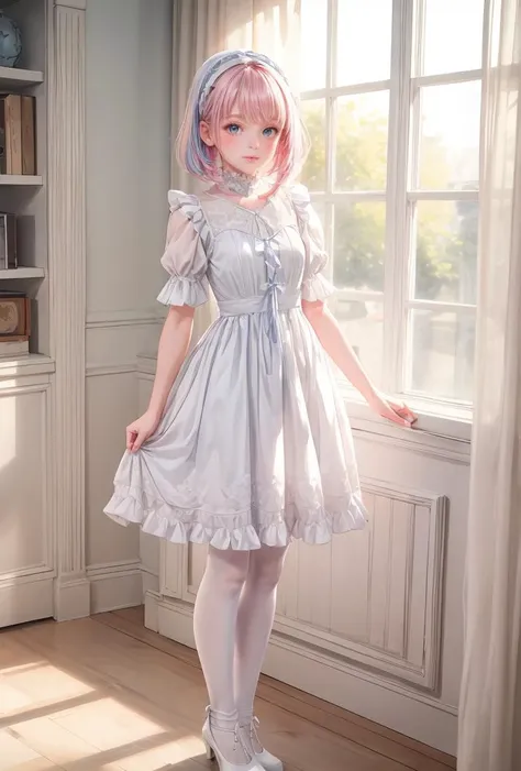 (masterpiece, best quality), 1girl, blue and white frill dress, (white stockings), pink hair, cute face, standing, indoor, intricate detail, sunlight, <lora:add_detail:1>