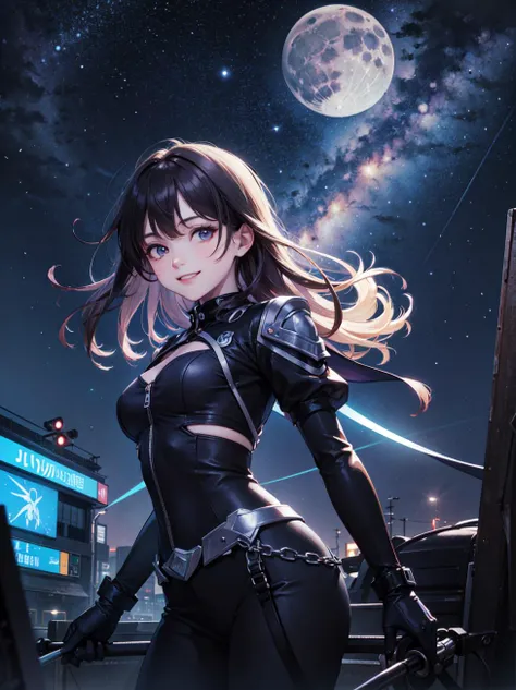 ((best quality, masterpiece, absurbres, super-resolution)) beautiful, movement, alluring. smiling, starry sky, ambience, moon, night sky, colorful lighting, cinematic lighting, neon light glowing, medium shot
