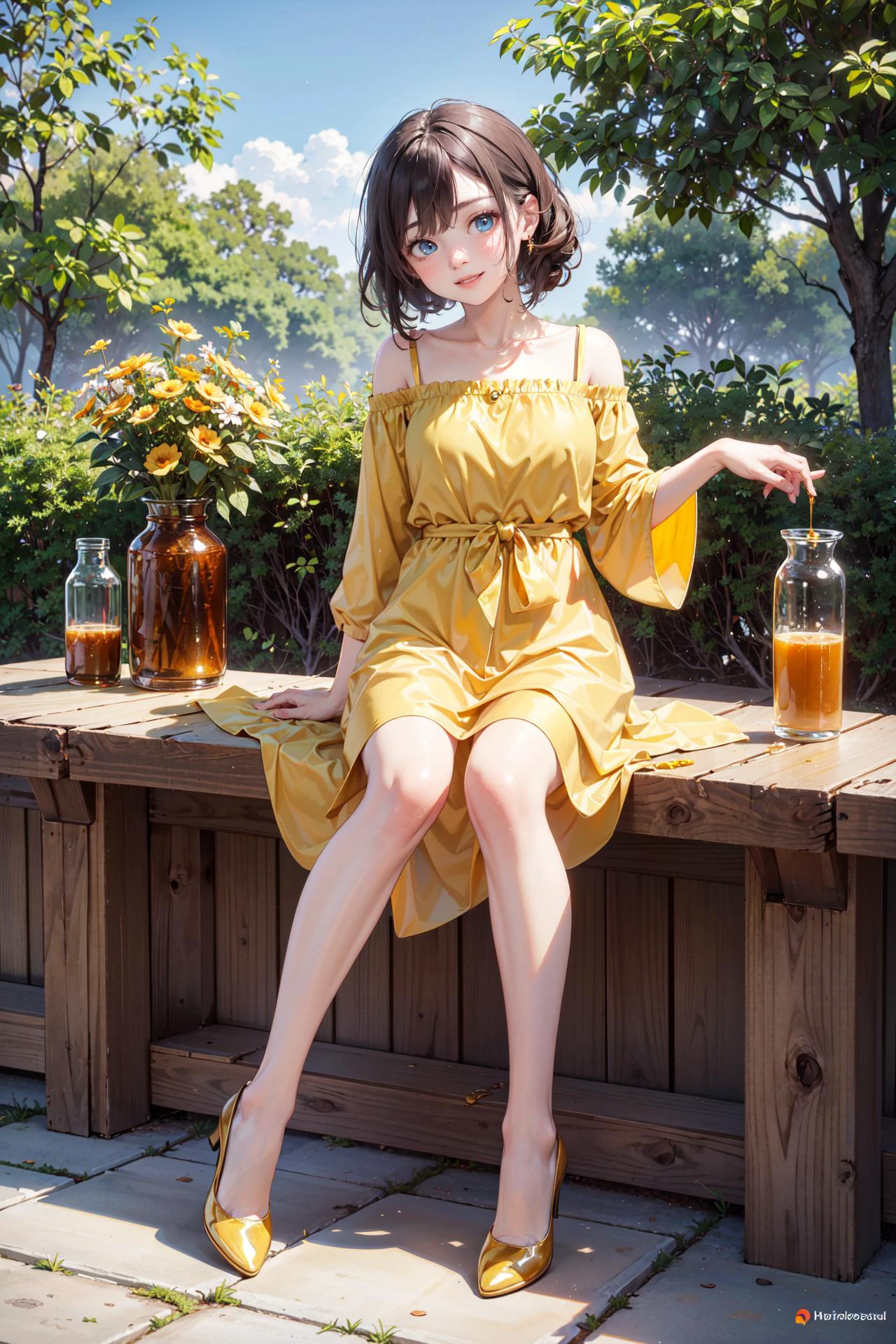 ((best quality, masterpiece, absurbres, super-resolution)) 1girl, honey jar, honey dripping, golden honey, honey bee, honey comb, yellow and gold (fantasy), outdoor