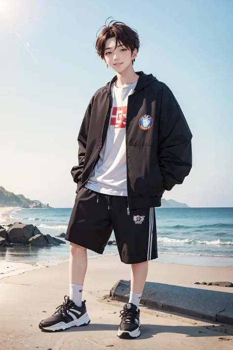 ((best quality, masterpiece, absurbres, super-resolution)), 1boy, cute and young, spiked hair, sunshine smile, sneaker, oversize jacket, (kpop idol:1.3)