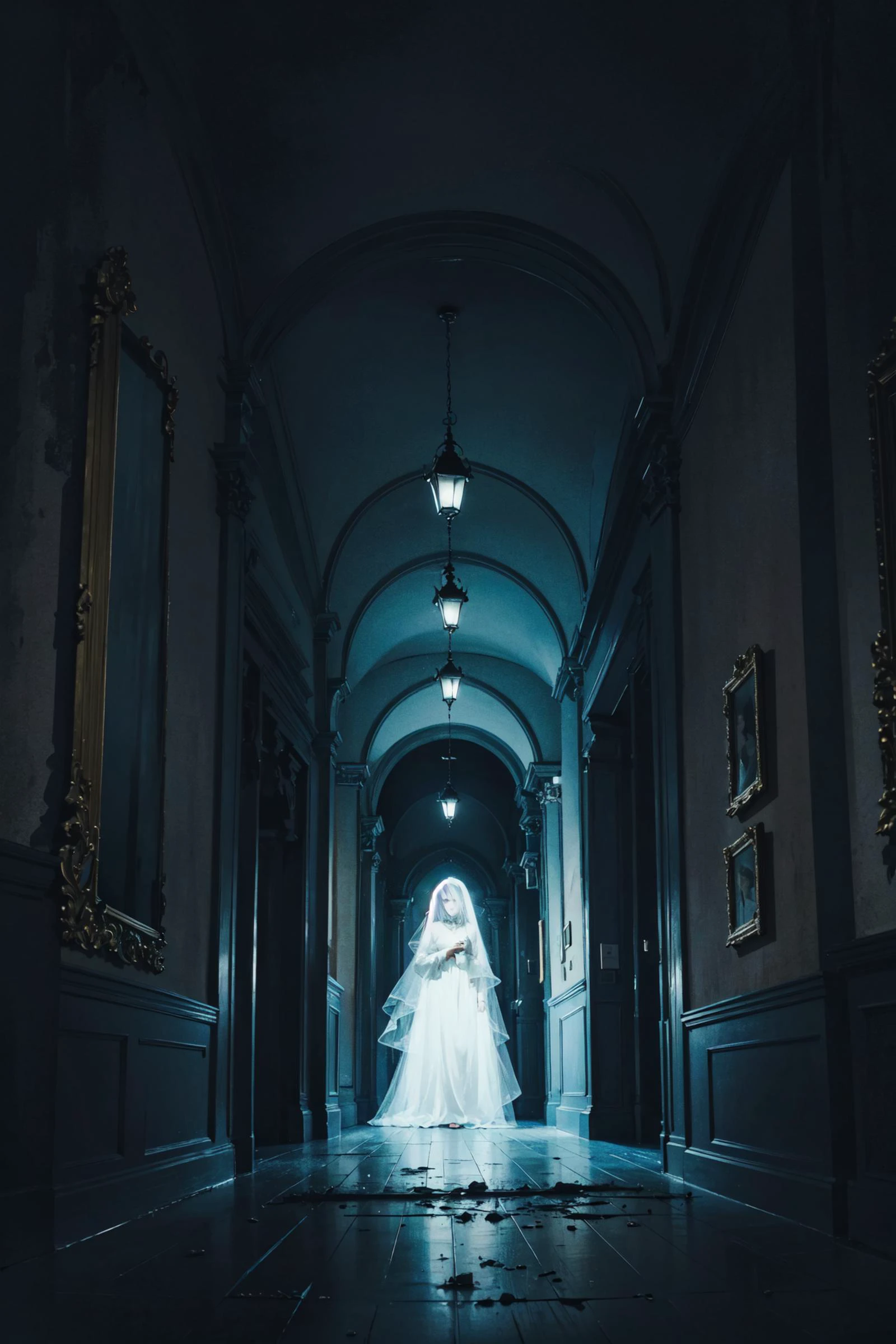 ((best quality, masterpiece, absurbres, super-resolution)), 1girl, dark environment, (haunted house:1.3), ghost, messy long hair,
