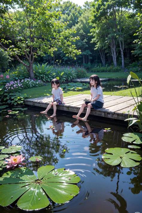 ((best quality, masterpiece, absurbres, super-resolution)), children playing around, Garden, Pond, Lily pad, dragonfly