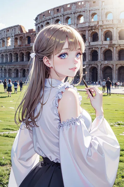 ((best quality, masterpiece, absurdres, super-resolution)) yellow, looking back, , upper body, wide sleeves frilled shirt, outside, colosseum