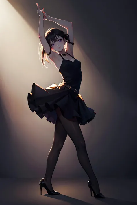 ((best quality, masterpiece, absurdres, super-resolution)) 1girl, expressive, modern dancing in the dark, low light, underexpose lighting, shadow, soft glow, one light source spotlight