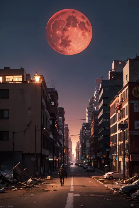 a post-apocalyptic city, under a red moon