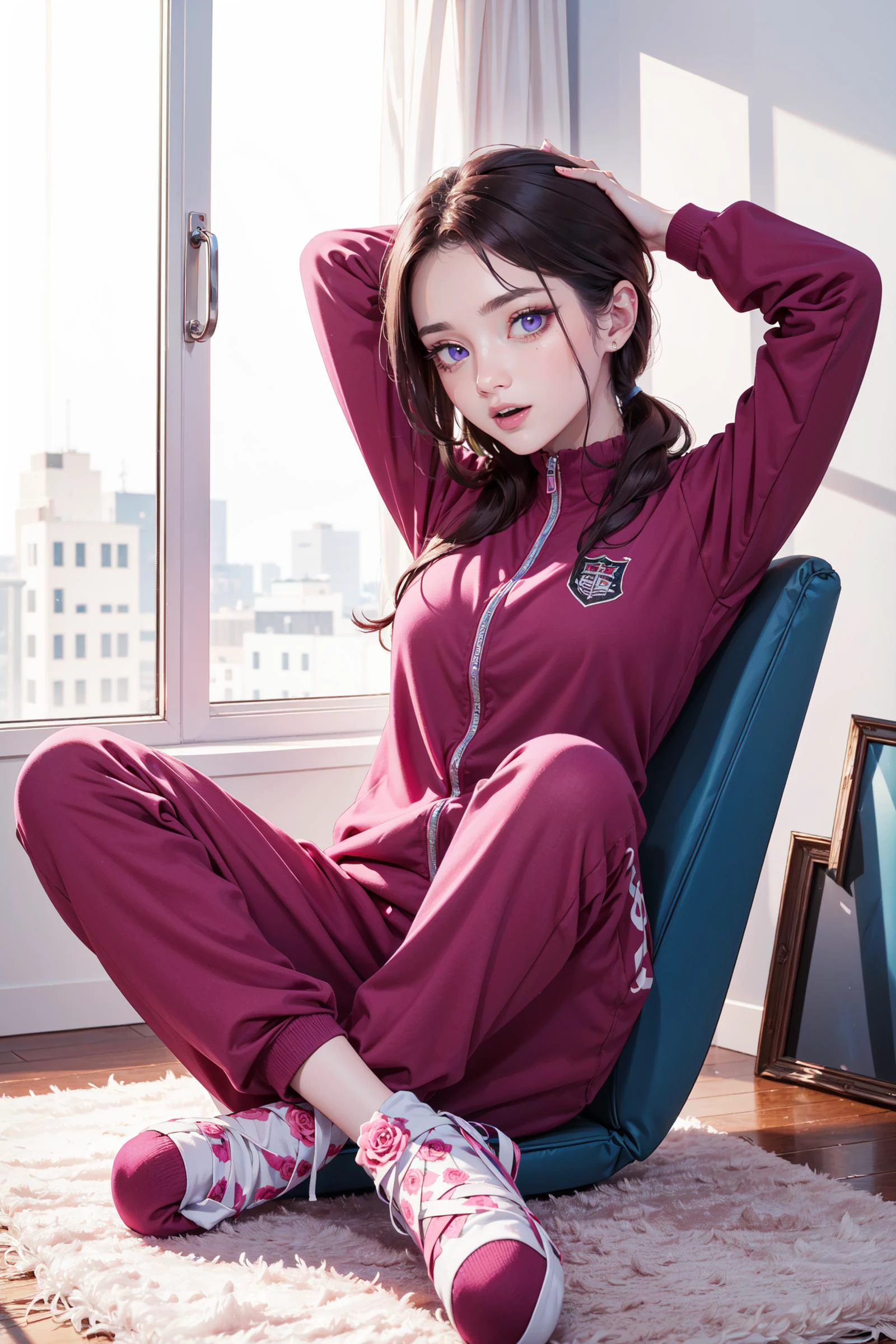 ((best quality, masterpiece, absurdres, super-resolution)) Rose and pink color, , 0:1::Lounging with one hand behind the head, Bokeh Shot, full body, tracksuit,