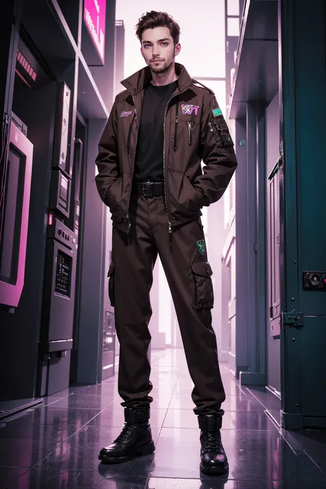 ((best quality, masterpiece, absurdres, super-resolution)) Light brown and magenta color, Standing with hands in pockets, Warm Colors, portrait, Jumpsuit, cyberpunk island