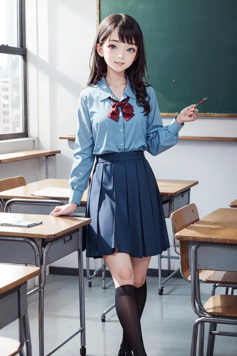 ((best quality, masterpiece, absurbres, super-resolution)), 1girl, classroom, chalkboard, light blue uniform, red bow