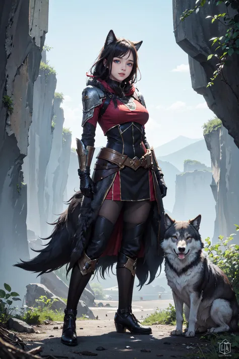 ((best quality, masterpiece, absurbres, super-resolution)) 1girl, pack of wolves, in the wild