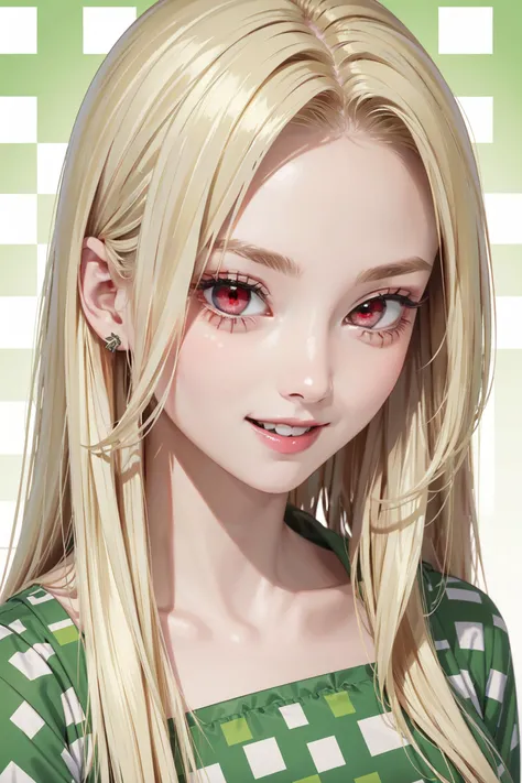 ((best quality, masterpiece, absurbres, super-resolution)) 1girl, Portrait, blonde hair, (Green and white checker pattern), Bright red eyes, fashion editorial photography, big smile, open mouth